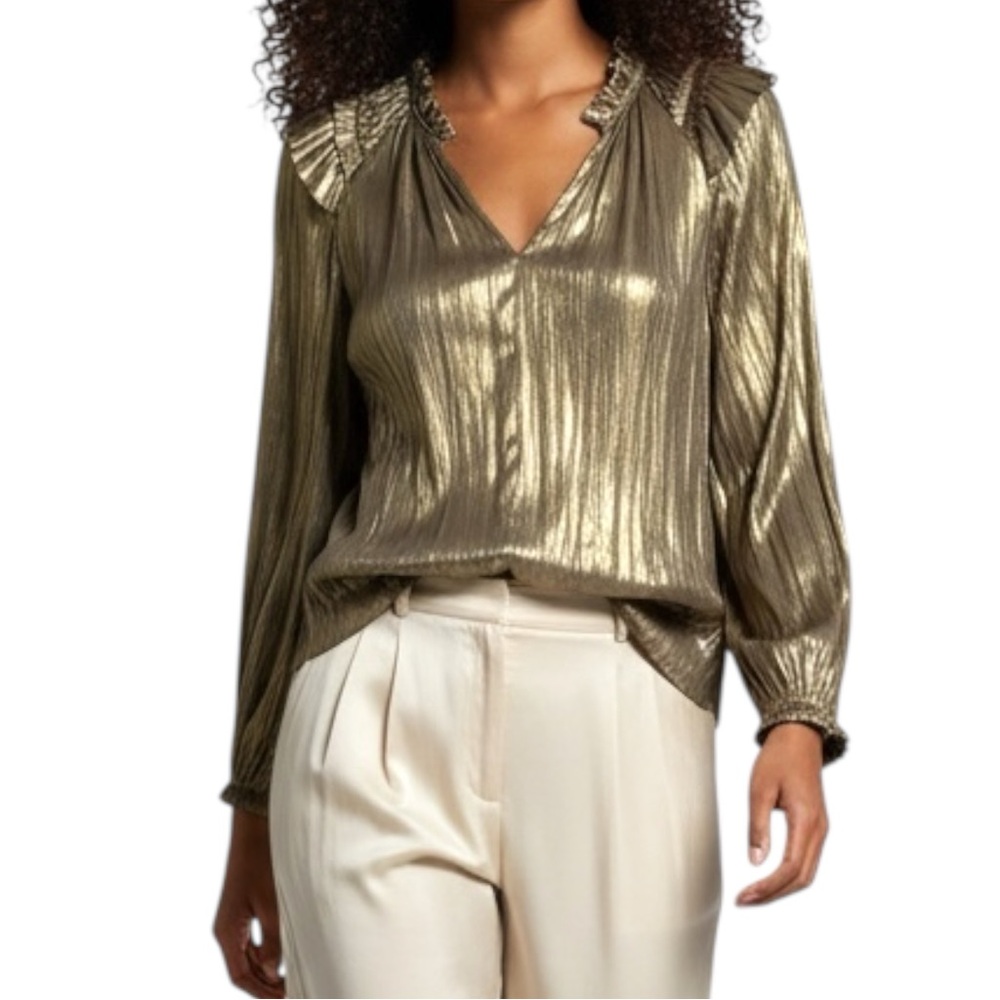 Philosophy Gold Shimmer Pleated Ruffle Split Neck Metallic Blouse NWT Large